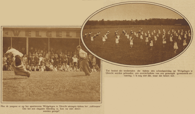 872158 Collage van 2 foto's betreffende de sportdag georganiseerd voor de scholen op het Janskerkhof, op het ...